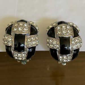 Vintage Joan Rivers Clip on Earrings Black-Silver & Rhinestones